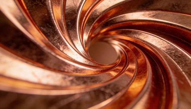 Spiraling copper vane helix with brushed patina, reflective curves and central aperture
