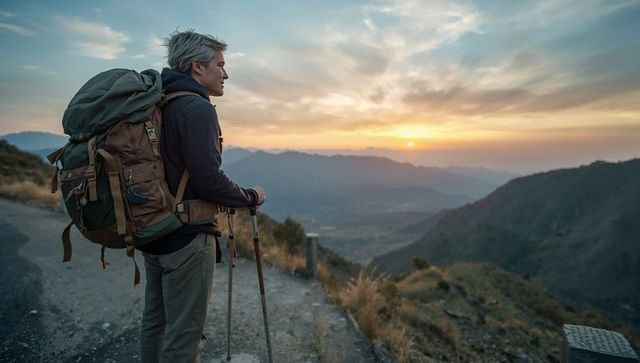 Backpacker watching sunset over mountain valley on ridge with trekking poles and large pack