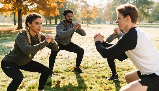 Autumn outdoor group workout performing squats together in park morning fitness