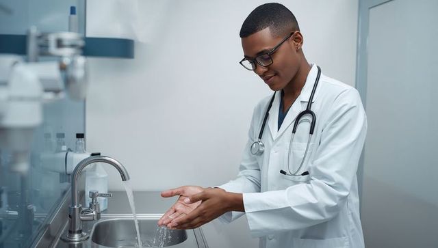 Doctor washing hands at clinical sink with stethoscope practicing hand hygiene