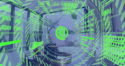 Neon green holographic hud projecting numeric panels over futuristic terrace lounge