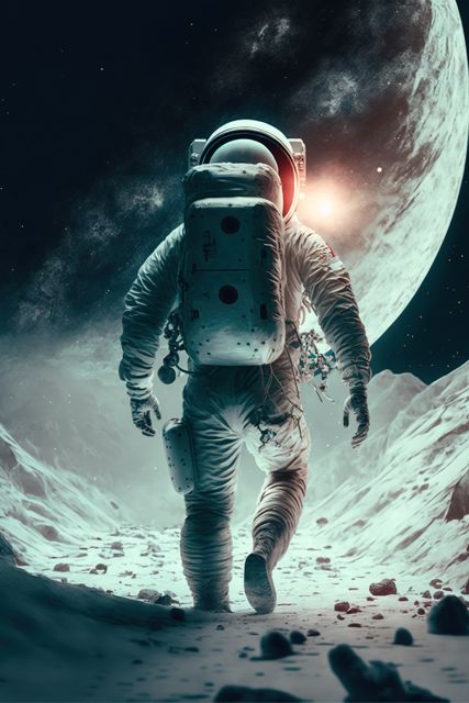 Astronaut walking on lunar surface with a galaxy and bright celestial backdrop. Ideal for themes related to space exploration, astronomy, scientific advancements, and futuristic concepts. Suitable for educational materials, space-related publications, sci-fi book covers, and posters promoting science and discovery.