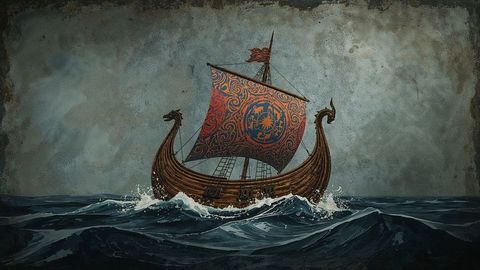 Viking Longship Sail gliding through Stormy Sea with Dragon Prow