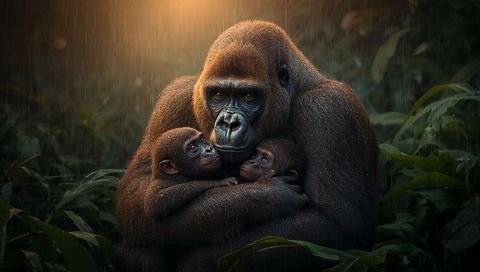 Cradling gorilla mother protecting two infants in rainy rainforest with golden backlight