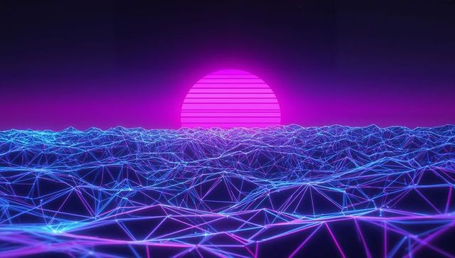 Synthwave Neon Landscape with Digital Wireframe and Rising Sun