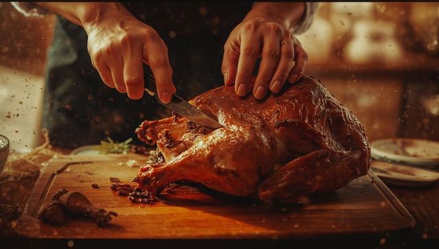 Chef carving golden roasted turkey with rustic warmth