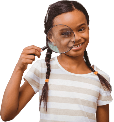Smiling girl holding magnifying glass on transparent background