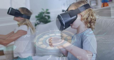 Children exploring virtual reality with vr headsets and futuristic hud interface