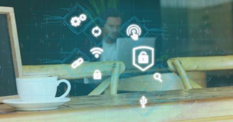 Coffee cup on wooden table with holographic security icons highlighting remote work security