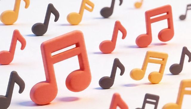 Colorful 3d musical notes pattern featuring large red double-eighth figurine