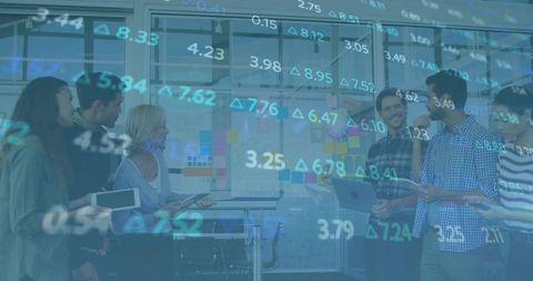 Team Engaging in Brainstorming with Modern Technology and Data Overlay