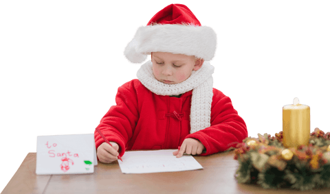 caucasian boy in santa hat writing christmas letter on transparent background - Download Free Stock Videos Pikwizard.com
