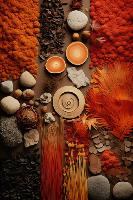 This depiction is a flat lay arrangement of various natural fibers and organic materials, showcasing textures and warm earth tones like orange, brown, and beige. The aesthetically pleasing composition highlights handmade, rustic charm suitable for home decor projects, nature-themed designs, blog illustrations, and eco-friendly product advertisements.