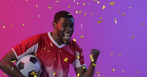Celebrating Soccer Player with Confetti in Colorful Ambience