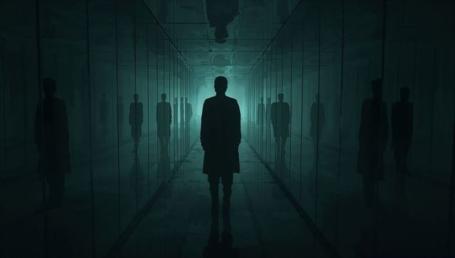 Man standing in mirrored corridor facing teal light, reflections forming surreal symmetry