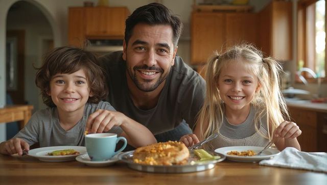 Smiling father sharing homemade breakfast with children in sunlit kitchen
