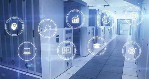 Modern data center with floating digital technology icons