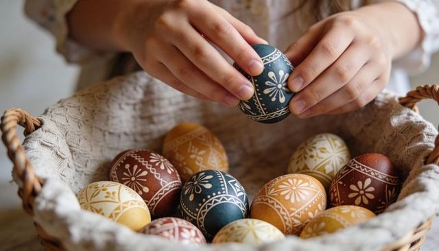 Child placing hand-painted floral Easter eggs in woven basket