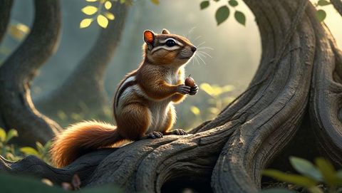 Chipmunk holding acorn on gnarled tree roots in sunlit forest