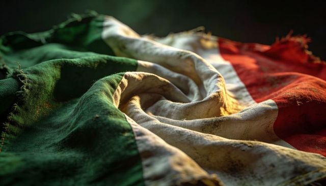 Weathered italian tricolor flag with worn fabric texture and dramatic warm light closeup