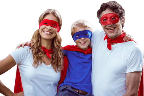 Cheerful Family Dressed as Superheroes on Transparent Background