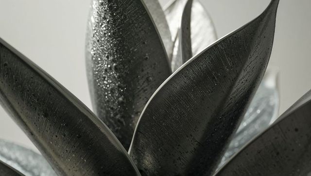 Macro succulent rosette revealing dew-covered fleshy leaves and fine striations in studio