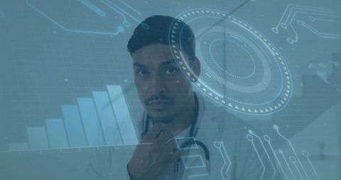 Physician analyzing digital data with futuristic interface