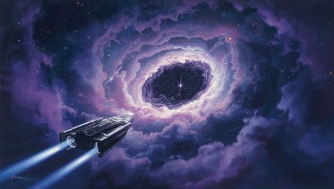 Starship racing toward luminous wormhole in purple nebula, neon sci-fi voyage