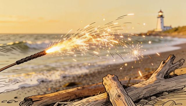 Sparkler sending orange sparks on pebble beach with driftwood and lighthouse