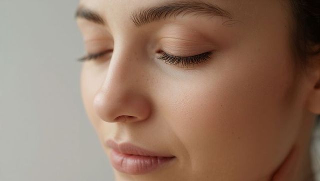 Serene closeup portrait adult woman closing eyes natural freckles soft glowing skin