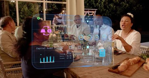 Candlelit outdoor dinner with holographic finance interface for fintech and social planning