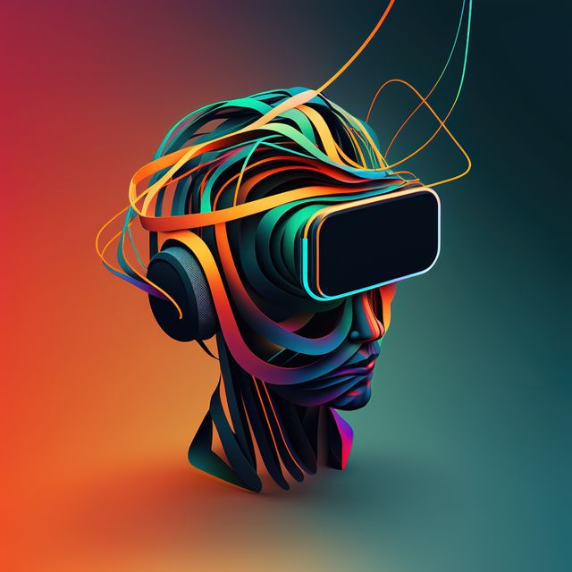 Abstract design featuring a human head wearing a virtual reality headset surrounded by colorful flowing ribbons. This vibrant and modern representation symbolizes digital innovation and the immersive experiences provided by VR technology. Ideal for use in technology blogs, articles on virtual reality, promotional materials for VR software, and futuristic-themed artworks.