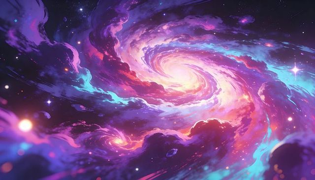 Swirling vivid spiral nebula glowing with luminous core, colorful cosmic vortex and starfield