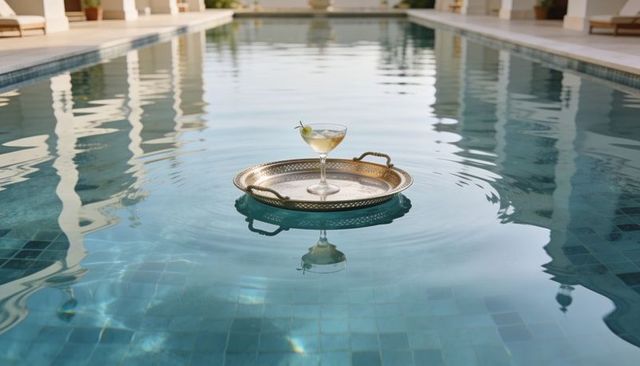 Floating ornate brass tray carrying coupe glass with olive on tranquil villa pool reflection