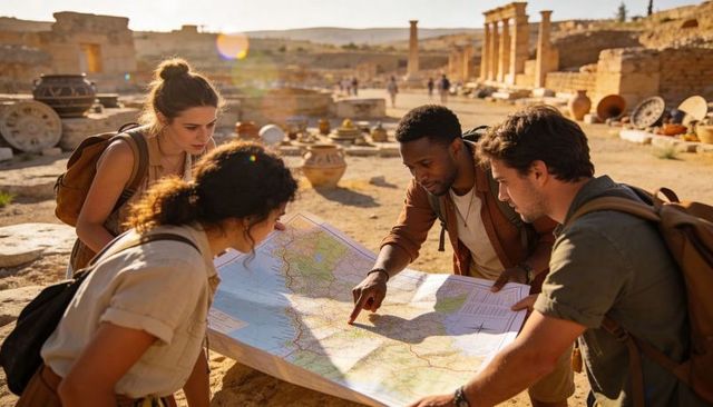 Young travelers studying map at ancient ruins planning archaeological expedition and discovery