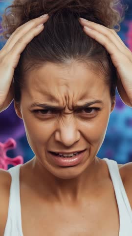 Young woman clutching scalp, pressing temples, showing headache and anxiety with virus backdrop