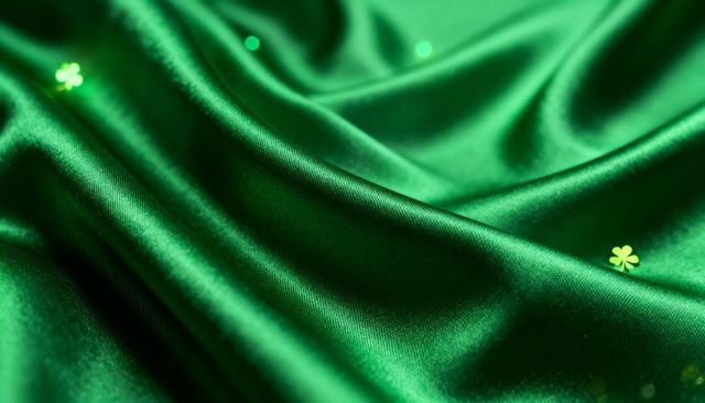 Emerald satin fabric draping with clover sequins and soft bokeh light for holiday design