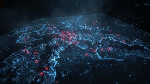 Futuristic 3d holographic map of europe with red data points