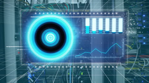 Digital Data Interface with Futuristic Server Room Visualization