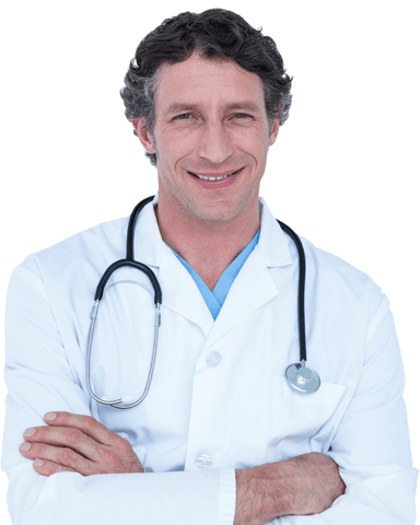 Transparent doctor smiling in white coat with stethoscope