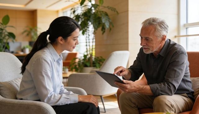 Senior consultant presenting tablet to colleague in modern office lounge with greenery