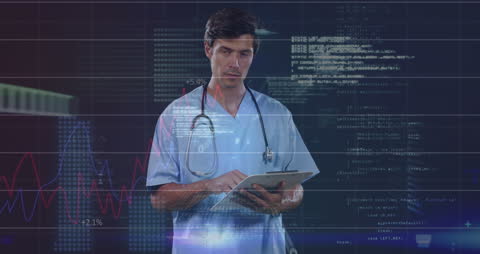 Doctor Analyzing Data on Digital Tablet with Stats Graphics