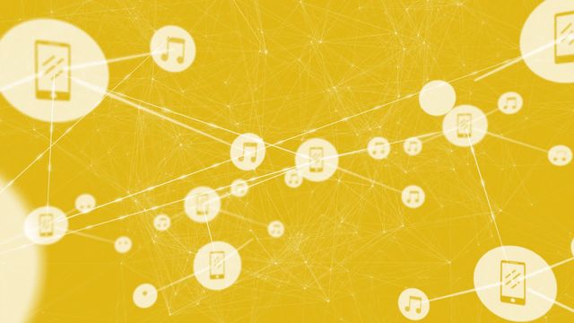 An abstract digital concept shows interconnected lines with smartphone and music icons against a vibrant yellow background. Ideal for illustrating digital connectivity, technology innovations, or global communication themes. Useful in presentations, websites, or marketing materials related to digital or telecommunication industries.