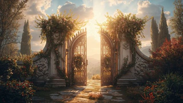 Enchanting garden gates with sunlit pathway and blossoming vines