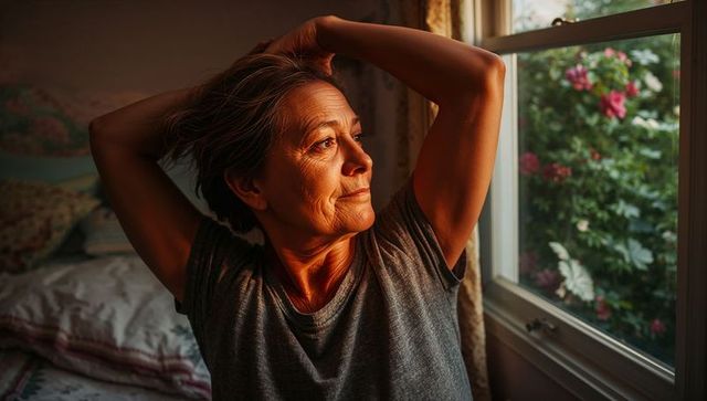 Senior woman stretching by bedroom window in warm sunrise light, contemplative portrait