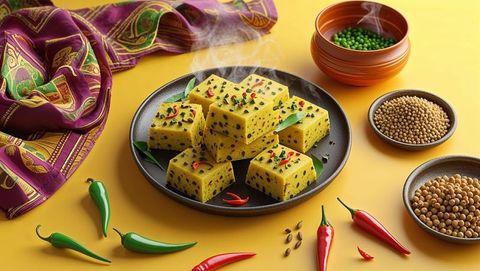 Steaming Dhokla with Chili and Spices on Vibrant Tabletop