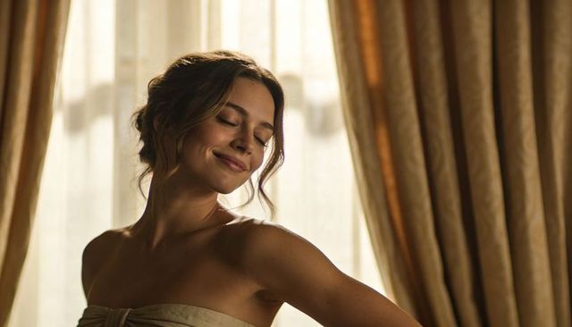 Serene woman posing in strapless tan wrap by backlit window with gold drapes soft daylight