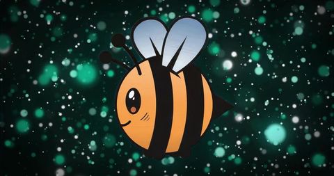 Whimsical Floating Bee Character with Orange Black Stripes and Teal Bokeh Background