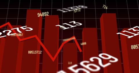 Financial data visualization with red bar graphs and digital numbers