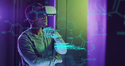 Man Exploring Virtual Reality in Data Center with Holographic Displays